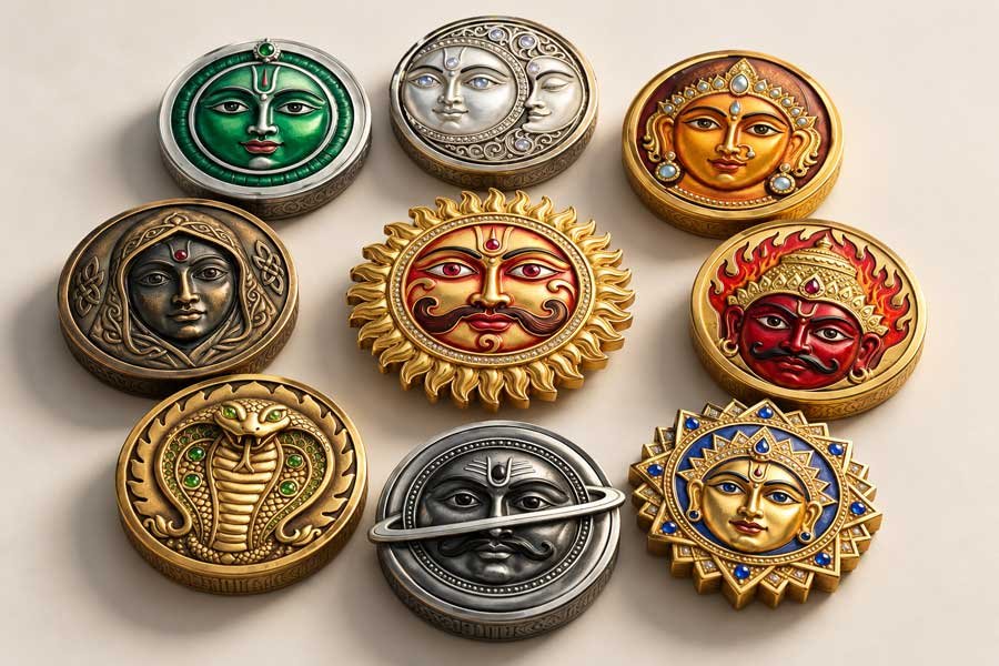 Nine ornate medallions depicting the Navagraha, with Surya the Sun at the centre